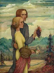 Nicolas Eekman, Couple à la grappe de raisin, huile sur papier marouflé sur toile montée sur panneau