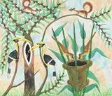 Pilipili Mulongoy, Composition aux écureuils et oiseaux, huile sur toile montée sur carton