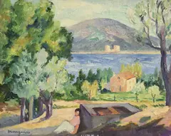 Henri Manguin, Le lavoir près de la Chapelle Sainte-Anne, Saint-Tropez, 1980, huile sur toile marouflée sur carton