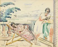 Sans titre by Henri Manguin, 1923, Deux femmes sur un balcon, aquarelle et crayon de graphite sur papier, sold Mar 2024
