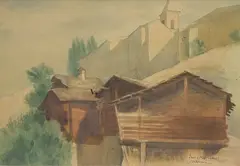 Chalets et église d'Isérables by Charles-Clos Olsommer, aquarelle sur papier cartonné, sold Dec 2023