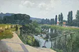 Daniel Ihly, Paysage animé en bord de rivière, huile sur toile