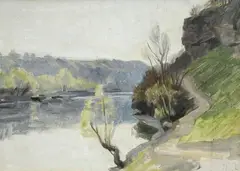 Frédéric Dufaux, Vue d'une rivière, huile sur toile marouflée sur isorel