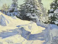 Sapins enneigés by Ernst II Hodel, huile sur toile, sold Dec 2023