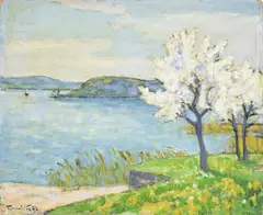 François Gos, Vue du lac de Bienne, huile sur pavatex