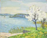 François Gos, Vue du lac de Bienne, huile sur pavatex