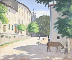 Albert André, Rue à Laudun , Cheval à l’Abreuvoir, 1924, huile sur toile
