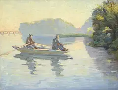 Henri Person, Sans titre, Pêcheurs sur le lac, huile sur toile