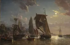 Charles Louis Mozin, Vue générale du port de Trouville, effet de lune, 1859, huile sur toile