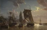 Charles Louis Mozin, Vue générale du port de Trouville, effet de lune, 1859, huile sur toile