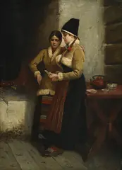 Axel Ender, Paysannes dans un intérieur, huile sur toile marouflée sur isorel