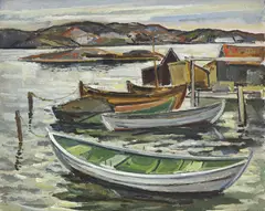 Christoffer Stixrud, Sans titre, Barques sur le lac, huile sur pavatex