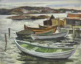 Christoffer Stixrud, Sans titre, Barques sur le lac, huile sur pavatex