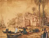 André Maire, Paysage animé au bord du Nil, c.1930, lavis sépia et gouache sur papier