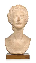 Buste de femme by Pierre Blanc, 1957, sculpture en terre cuite, sold Dec 2023
