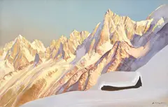 Marcel Wibault, La chaîne des aiguilles de Chamonix et l'aiguille Verte, 2017, huile sur pavatex