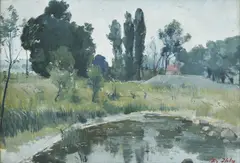 L'étang de Saint-Georges à Genève by Daniel Ihly, huile sur toile marouflée sur carton, sold Sep 2023