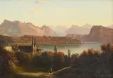 Ernst I Hodel, Vue animée d'une ville au bord du lac des Quatre-Cantons, huile sur toile