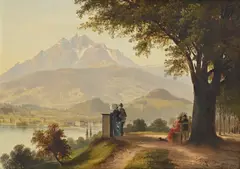 Ernst I Hodel, Vue animée du lac de Thoune et du Niesen, huile sur toile