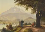 Ernst I Hodel, Vue animée du lac de Thoune et du Niesen, huile sur toile