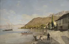 Jules Gaud, Bord du lac avec pêcheurs, 1888, huile sur toile