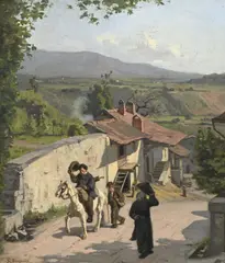 La promenade du dimanche à Satigny by Simon Durand, huile sur toile marouflée sur carton, sold Sep 2023