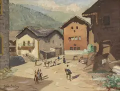 Valdo Barbey, Village alpestre animé, huile sur toile