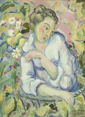 André Julien Prina, Jeune femme au balcon fleuri, huile sur toile
