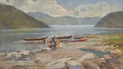 Gioachimo Galbusera, Barques et pêcheurs au bord d'un lac, huile sur toile