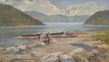 Gioachimo Galbusera, Barques et pêcheurs au bord d'un lac, huile sur toile