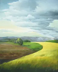 Kurt von Ballmoos, Paysage nuageux et champs de colza, 1986-89, huile sur toile