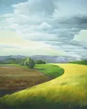 Kurt von Ballmoos, Paysage nuageux et champs de colza, 1986-89, huile sur toile
