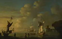 Peter Monamy, Sans titre, 1982, Yacht royal et autres navires sur la côte, huile sur toile