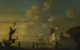 Peter Monamy, Sans titre, 1982, Yacht royal et autres navires sur la côte, huile sur toile