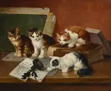Sans titre by Alfred-Arthur Brunel de Neuville, Chatons sur un bureau, huile sur toile, sold Sep 2023