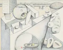Stavros Papassavas, Composition surréaliste, 1974, technique mixte, gouache, fusain et aquarelle sur toile