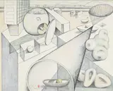 Stavros Papassavas, Composition surréaliste, 1974, technique mixte, gouache, fusain et aquarelle sur toile