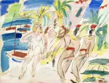 Gen Paul, Sanary - La baigneuse et les tirailleurs, 1939, gouache et crayon gras sur papier marouflé sur toile