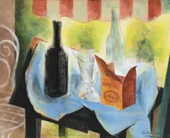 Théodore Strawinsky, Sans titre, Nature morte aux bouteilles et au verre, pastel sur papier
