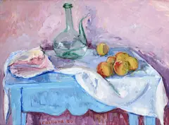 Christian Caillard, Nature morte à la carafe verte, 1980, huile sur panneau