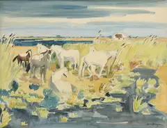 Yves Brayer, Chevaux dans les roseaux, aquarelle sur papier