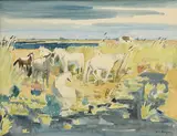Yves Brayer, Chevaux dans les roseaux, aquarelle sur papier