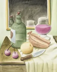 Fernando Botero, Nature morte aux fruits avec bouteilles, 2003, aquarelle sur papier