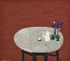 Eleonore Koch, Table avec fleurs et théière, 1971, tempera sur toile