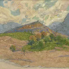 Paysage de montagne by Charles-Clos Olsommer, huile sur pierre recomposée, sold Jun 2023