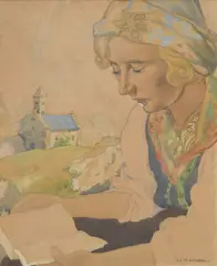 Valaisanne à la lecture by Charles-Clos Olsommer, aquarelle sur papier, sold Jun 2023
