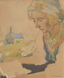 Charles-Clos Olsommer, Valaisanne à la lecture, aquarelle sur papier