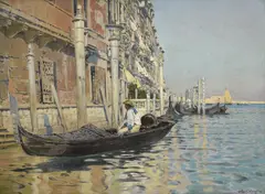 Palais et gondoles à Venise by Arthur Calame, huile sur toile marouflée sur carton, sold Jun 2023
