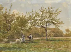 François Furet, Vue d'une prairie avec couple de paysans, aquarelle et fusain sur papier
