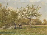 François Furet, Vue d'une prairie avec couple de paysans, aquarelle et fusain sur papier